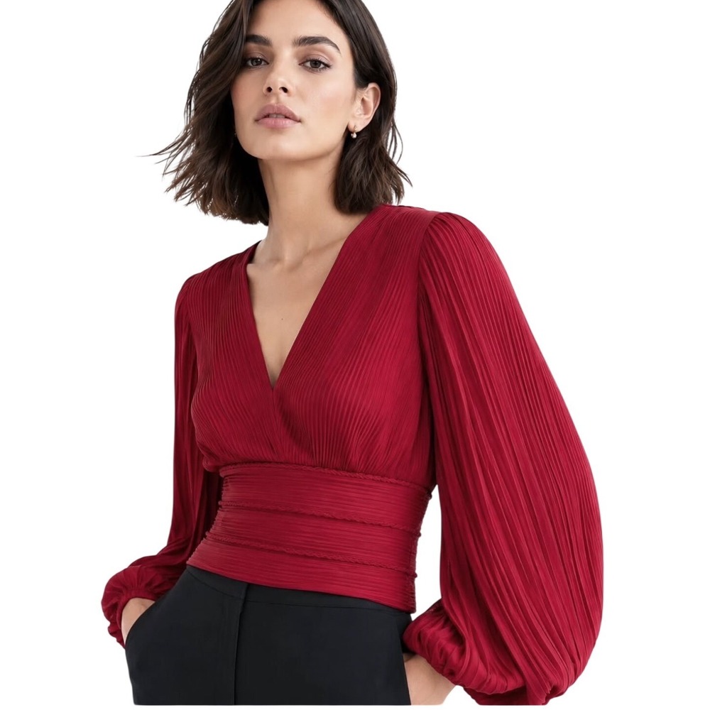 WHBM Red Pleated Surplice V-Neck Balloon Sleeve Blouse 10 Corpcore Holiday